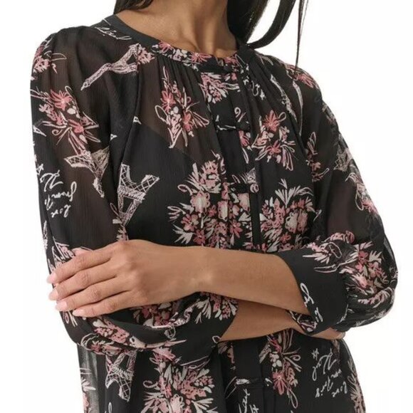 Karl Lagerfeld Paris Signature Eiffel Tower Floral Print Chiffon Blouse in Black - Picture 5 of 16